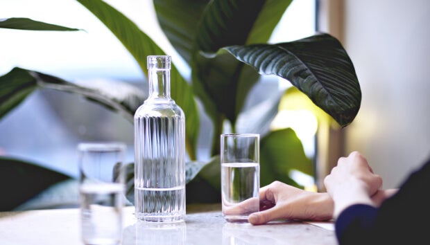 A glass bottle and water glass on a marble surface with green plants in the background.