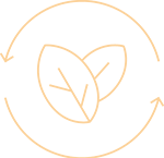 Icon representing responsible construction with two leaves surrounded by arrows, symbolizing sustainability.